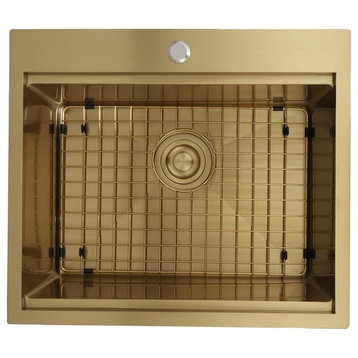21x20 Workstation Ledge Topmount/Drop-in Kitchen Sink, Gold, Black Colander