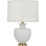 Robert Abbey - Robert Abbey MDV21 Michael Berman Atlas - One Light Table Lamp - Shade Included: TRUE  Designer: Michael Berman  Cord Color: Silver  Base Dimension: 5.38 x 1.25Michael Berman Atlas One Light Table Lamp Matte Dove Glazed/Modern Brass Oyster Linen Shade *UL Approved: YES *Energy Star Qualified: n/a  *ADA Certified: n/a  *Number of Lights: Lamp: 1-*Wattage:150w E26 Medium Base bulb(s) *Bulb Included:No *Bulb Type:E26 Medium Base *Finish Type:Matte Dove Glazed/Modern Brass