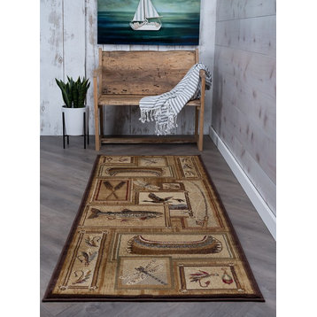 Trout Fishing Novelty Lodge Pattern Ivory Runner Rug, 2.7'x7'
