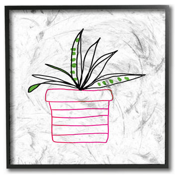 Pink Pot Succulent Line Drawing Framed Giclee Texturized Art, 12x12
