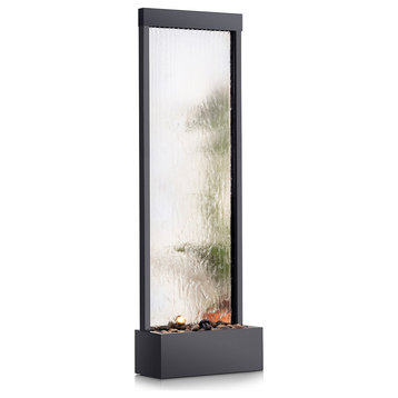 72" Tall Mirror Zen Waterfall Fountain with Stones and Lights, Silver