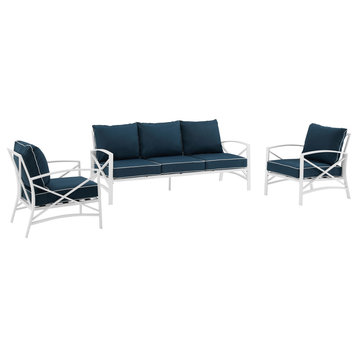 Kaplan 3-Piece Outdoor Sofa Set, Navy/White Sofa and 2 Arm Chairs