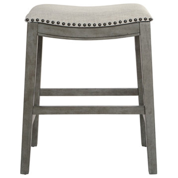 Saddle Wood Stool 24" Gray Fabric and Antique Gray Base and Nailheads 2-pack