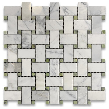 Basketweave Statuary White Marble 1x2 Mosaic Tile Green Dots Polished, 1 sheet