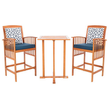 3 Piece Patio Bistro Set, Tall Table & Padded Stools With Pillows, Natural/Navy