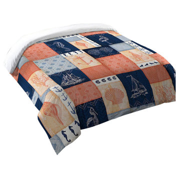 Laural Home Coral and Navy Coastal Duvet Cover, Twin