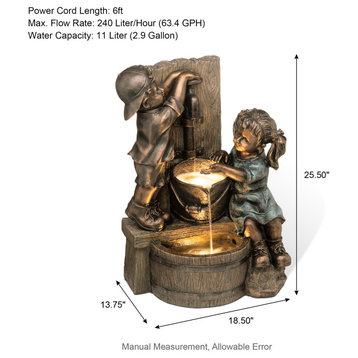 25.5"H Polyresin Boy and Girl Sculptural Outdoor Fountain With LED Light