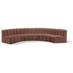 Meridian Furniture - Arc Vegan Leather Upholstered 6-Pc. U-Shaped Modular Sectional, Cognac - Unleash modern opulence with the Arc Vegan Leather 6pc. Sectional. Crafted for the modern connoisseur, this Sectional injects an air of refined luxury into any space. Its sleek silhouette, upholstered in supple cognac vegan leather, exudes timeless sophistication while the deep channel tufting adds textural intrigue, further elevating the chair's visual appeal. The modular design makes it a versatile chameleon, effortlessly adapting to your evolving needs and preferences. Whether you envision it gracing a chic living room corner, basking in the glow of a bedroom window, or adding a touch of drama to a home office, the Arc seamlessly complements your unique interior aesthetic.