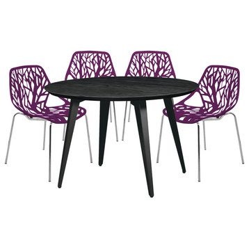 Leisuremod Ravenna 5-Piece Dining Set With 4 Stackable Chairs and Round Table, Purple