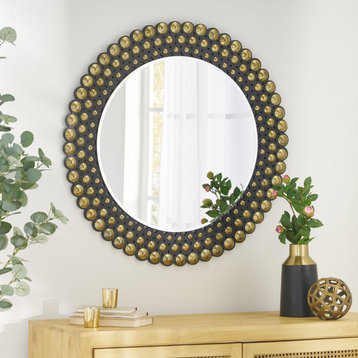 Dash Contemporary Studded Round Wall Mirror, Bronze and Black