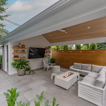 Modern Toronto Backyard | Custom Cabana, Pool, Outdoor Kitchen, Fire Pit & Deck