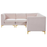 Meridian Furniture - Alina Velvet Modular L-Shaped Modular Sectional, Pink, 5-Piece: 2 Armless Chair, 3 Corner Chair - Bring modern beauty to your space with the addition of this Alina Velvet Modular sectional. This beautiful sectional features deep channel tufting to ramp up its visual interest and add to its resilient demeanor. Its soft Pink velvet upholstery blends nicely with existing elements in your room and is sleek to the touch, making this seat a super comfortable one. Part of the modular Alina collection, this sectional has a latch that attaches it to other pieces to create your custom seating arrangement.