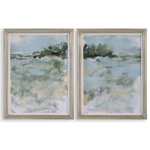 Uttermost - Uttermost Far Away View Framed Prints, Set/2 - This Petite Diptych Displays An Abstract Landscape In Cool Powder Blue And Forest Green Tones. Each Print Is Complemented By A Delicate White Linen Liner And A Brushed Champagne Silver Frame. Artwork By Christina Long.