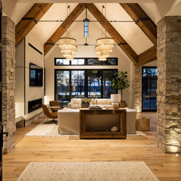Weathered Antique Box Beams and White Oak Flooring in Rustic Modern Luxury Entry