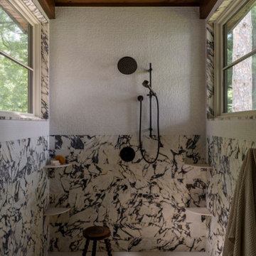 Antique Elm Ceiling Paneling in Interlachen Modern Lakehouse Shower
