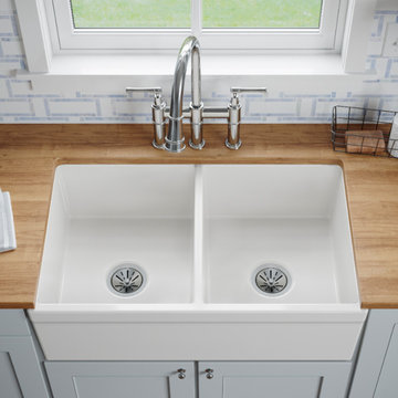 Elkay Fireclay 33" x 19-15/16" x 10-1/8", Equal Double Bowl Farmhouse Sink
