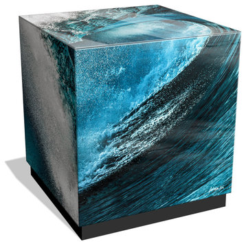 "Sapphire Sea" Printed Beveled Art Glass Table, Black Base, 22" X 22" X 22"