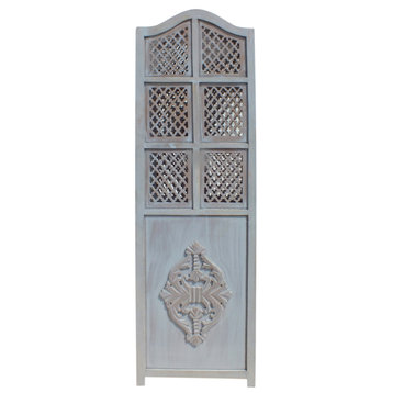Three Panel Wooden Room Divider With Traditional Carvings And Cutouts, Blue