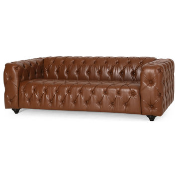 Marengo Contemporary Tufted 3 Seater Sofa, Cognac/Dark Brown, Faux Leather