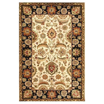 Bordered Floral Hand-Tufted Wool Rug, Black and Ivory, 9'x13'