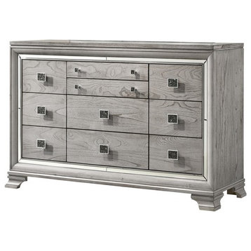 Benzara BM215136 Beaded Wooden Frame Dresser With 10 Drawers, Gray and Silver