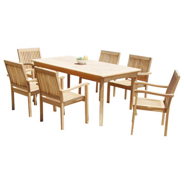 7-Piece Outdoor Teak Dining Set: 71" Rectangle Table,6 Leveb Stacking Arm Chairs