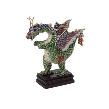Cloisonne Flying Dragon Figurine on Wood Stand