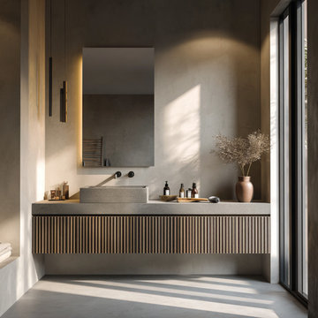 Fluted Gray Oak Floating Vanity – Contemporary Wall Hung Bathroom Cabinet