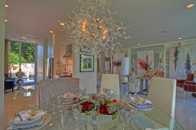 Inspiration for a large modern marble floor and white floor great room remodel in San Diego with white walls