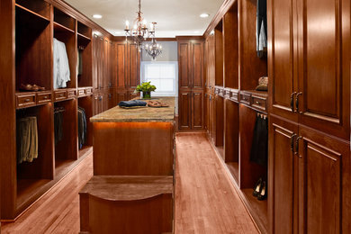 Walk-in closet - large traditional gender-neutral medium tone wood floor walk-in closet idea in Houston with raised-panel cabinets and dark wood cabinets
