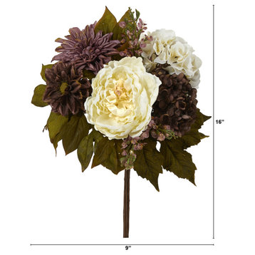 16" Peony, Hydrangea and Dahlia Artificial Flower Bouquet, Set of 2