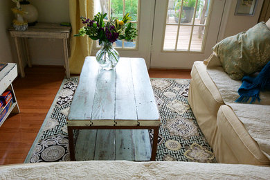 Shabby blue, reclaimed wood farmhouse table/bench and iron coffee table