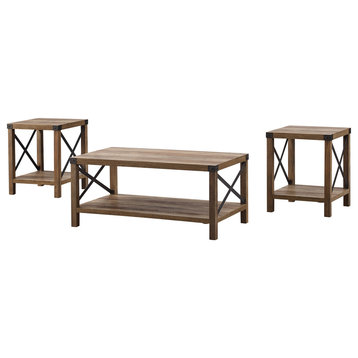 3-Piece Rustic Wood & Metal Accent Table Set, Rustic Oak/Black