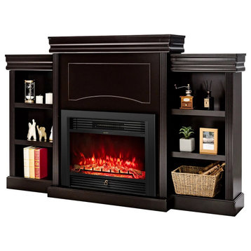Traditional TV Stand, Crown Molded Top With Fireplace & Side Open Shelves, Brown