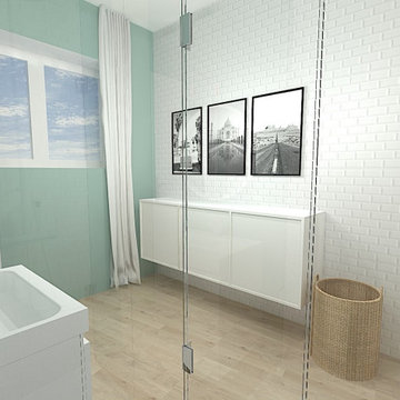 Une salle de bain vert et blanche