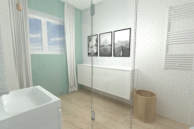 Aménagement d'une grande salle de bain avec des carreaux de céramique, un plan de toilette en acier inoxydable, un plan de toilette blanc et meuble simple vasque.