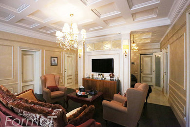 На фото: большая парадная, открытая гостиная комната в стиле неоклассика (современная классика) с бежевыми стенами, темным паркетным полом, телевизором на стене и черным полом