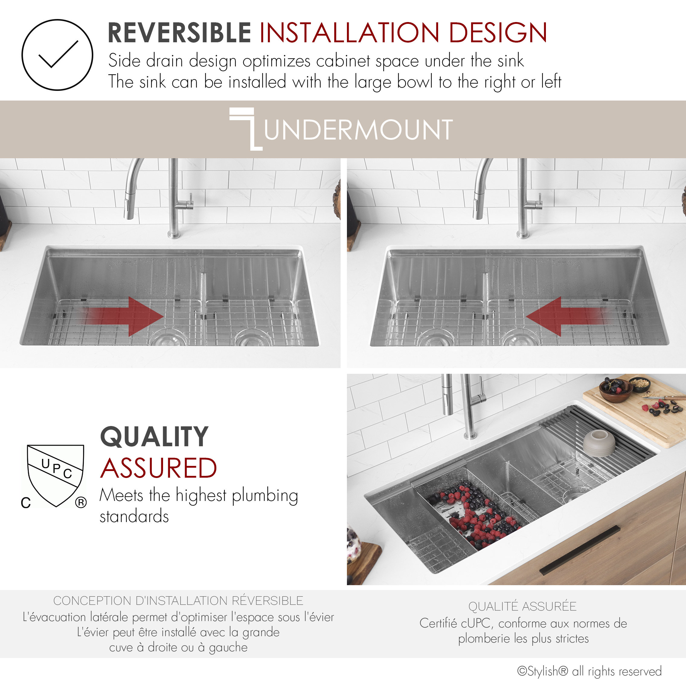 STYLISH 36 Undermount 36" Double-bowl Workstation Kitchen Sink S-636W