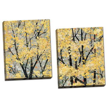 Abstract Yellow Leaf Fall Trees; Two 22x28in Hand-Stretched Canvases