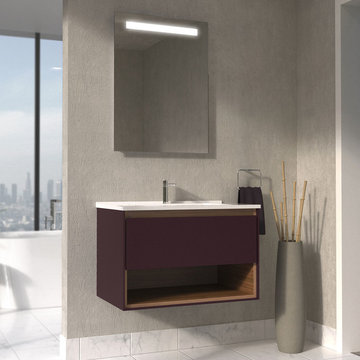 Carolyn Floating Vanity Set With Shelf, Wall Mounted, Plum With Golden Oak, 31"