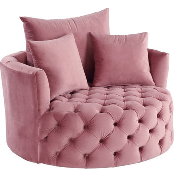 Bowery Hill Contemporary Velvet Swivel Accent Chair with 3 Pillows in Pink