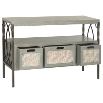 Rustic Console Table, Twist Metal Frame & Drawers With Wicker Front, French Gray