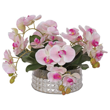 Real Touch Pink Orchid Flower Arrangement, Silver Glass Round Bowl