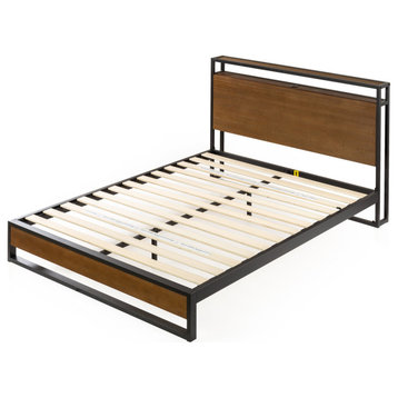 Unique Platform Bed, Thick Grooved Wooden Headboard & USB Charging Ports, Queen