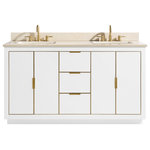 Avanity Corporation - Avanity Austen 60" Vanity in White with Gold Trim and Crema Marfil Marble Top - The Austen 61 in. vanity combo is simple yet stunning. The Austen Collection features a minimalist design that pops with color thanks to the refined White finish with matte gold trim and hardware. The vanity combo features a solid wood birch frame, plywood drawer boxes, dovetail joints, a toe kick for convenience, soft-close glides and hinges, crema marfil marble top and dual rectangular undermount sinks. Complete the look with matching mirror, mirror cabinet, and linen tower. A perfect choice for the modern bathroom, Austen feels at home in multiple design settings.