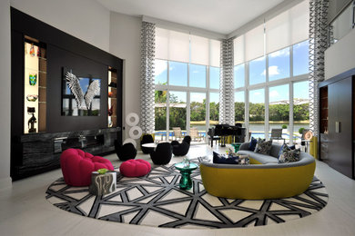 Trendy open concept porcelain tile living room photo in Miami with a wall-mounted tv