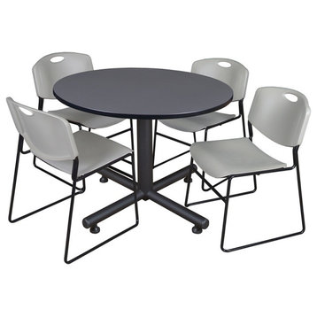 Kobe 48" Round Breakroom Table, Gray and 4 Zeng Stack Chairs, Gray