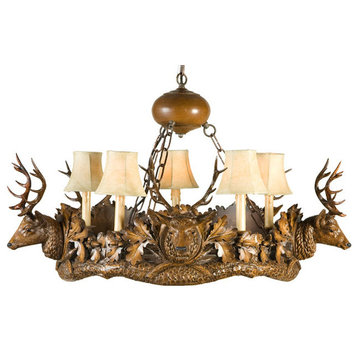 5 Small Stag Head Chandelier, Faux Leather Shades, 5-Light