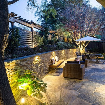 Built in seat wall with fire pit