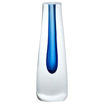 Slim Square Cut Art Glass Column Bud Vase  Blue Tall Thin Sculpture Geometric
